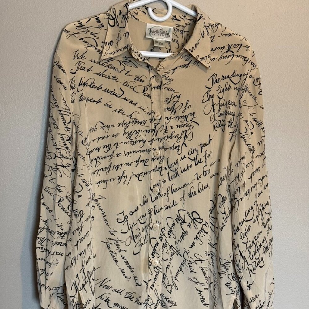 Vintage Diane Von Furstenberg Silk Top Cream w/ Black Script Poetry by Keats